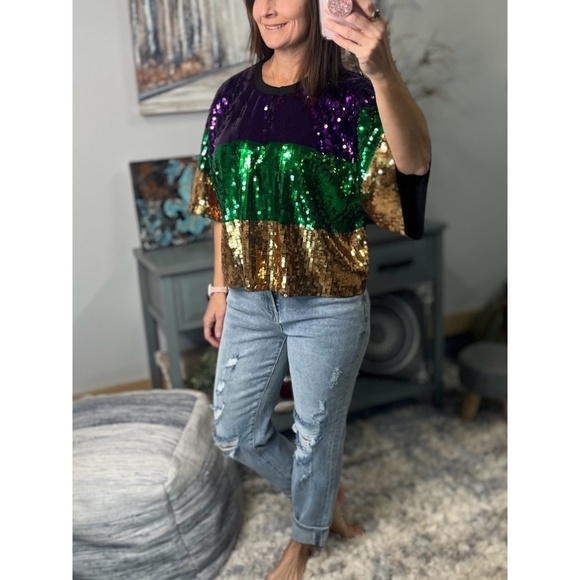 Mardi Gras Sequined Color Block Short Sleeves Cropped Purple Green Gold 0923 - Picture 5 of 8